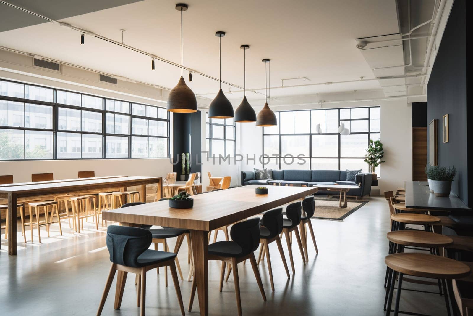 Step into the future of work with this sleek and modern coworking space. With bright and airy design, vibrant colors, and lots of natural light, this space is perfect for the modern entrepreneur. With clean and uncluttered lines, this photo scene captures the essence of modern workspace design. (generative AI)