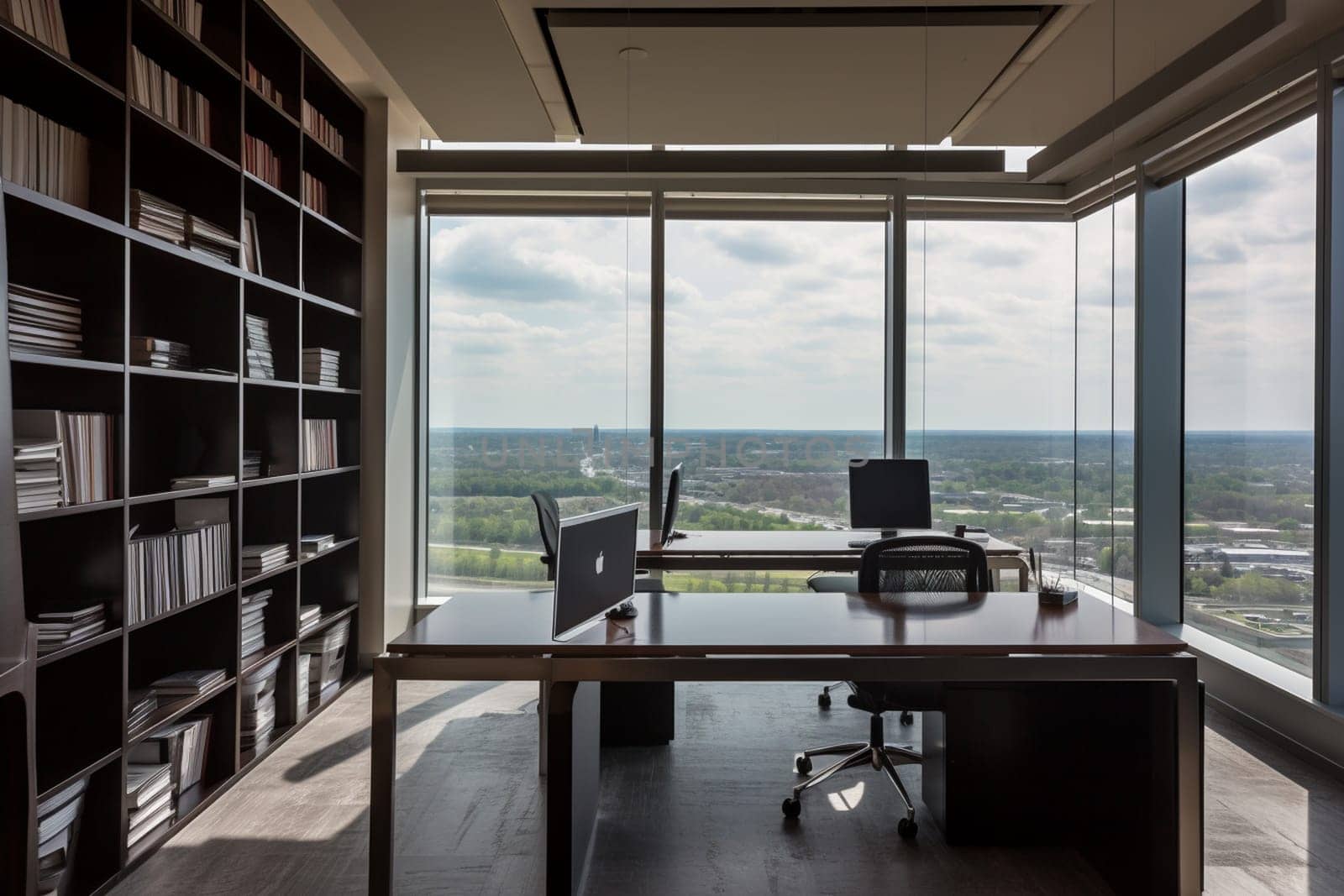 The sleek and modern world of the office is on display in this workspace scene. The high contrast and vibrant colors create a dynamic environment, while the expansive view provides an inspiring backdrop for those hard at work. (generative AI)