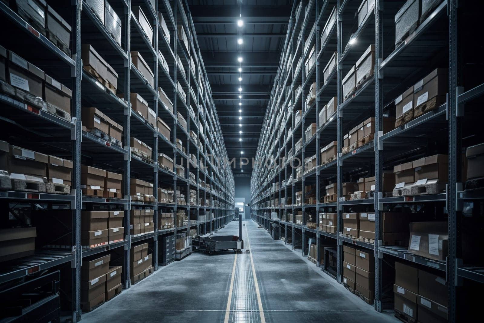 In the digital age, e-commerce has become a major force in the business world. This sleek and modern e-commerce warehouse is at the cutting edge of the online retail revolution, with automated sorting systems, robots, and other advanced technologies making it possible to process and ship orders with lightning efficiency. Shelves are stacked high with a dizzying array of products, from books to electronics to fashion accessories. (generative AI)