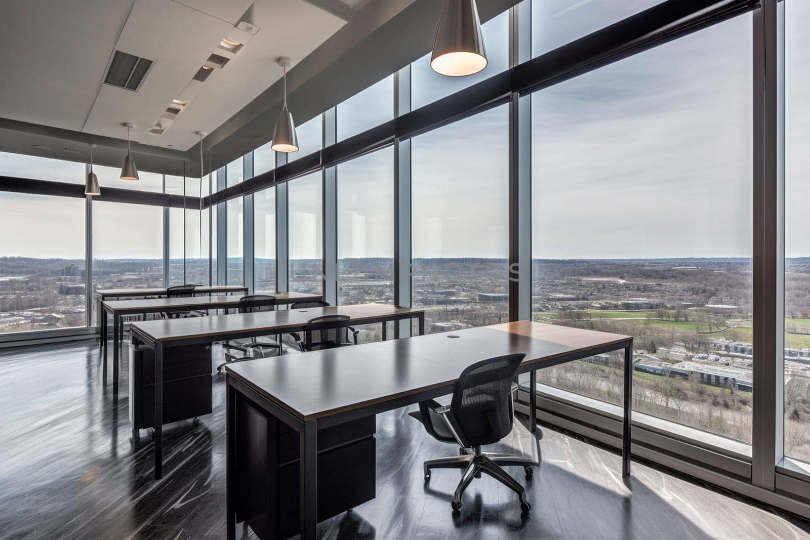 The sleek and modern world of the office is on display in this workspace scene. The high contrast and vibrant colors create a dynamic environment, while the expansive view provides an inspiring backdrop for those hard at work. (generative AI)