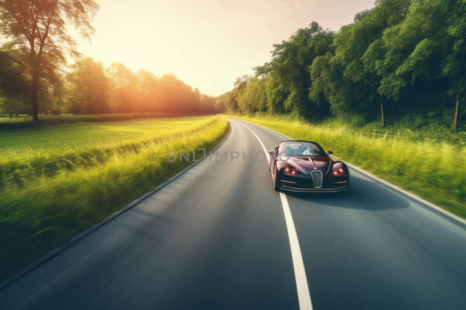 A sleek electric car glides smoothly along an idyllic countryside road, surrounded by green fields and rolling hills. The car is eco-friendly and cutting-edge, with an aerodynamic design and efficient battery technology. The driver enjoys the peaceful and rejuvenating scenery around them. (generative AI)