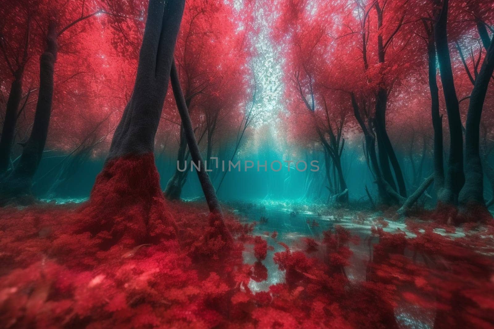 The surreal and dreamy photo of a vibrant red forest landscape, floating in the middle of the ocean, captured in photorealistic detail with sharp focus. The photograph from a panoramic perspective captures the vibrancy of the colors and the beauty of the dreamy landscape. (generative AI)