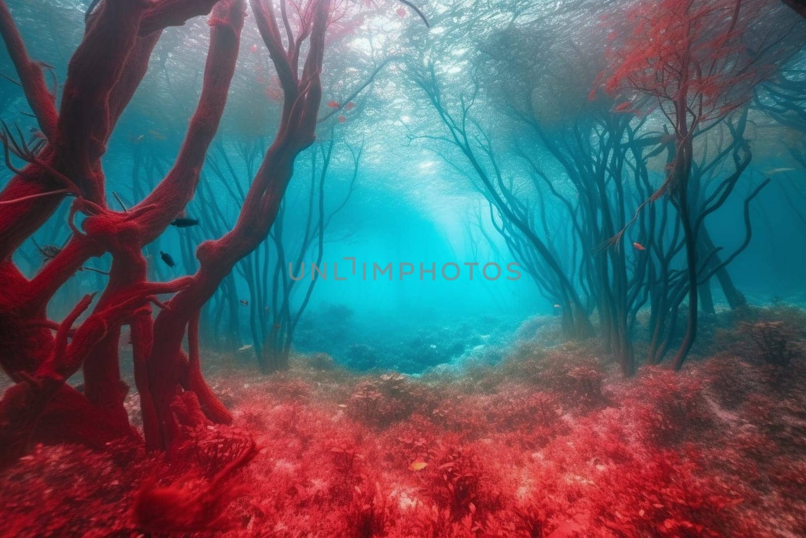 The surreal and dreamy photo of a vibrant red forest landscape, floating in the middle of the ocean, captured in photorealistic detail with sharp focus. The photograph from a panoramic perspective captures the vibrancy of the colors and the beauty of the dreamy landscape. (generative AI)