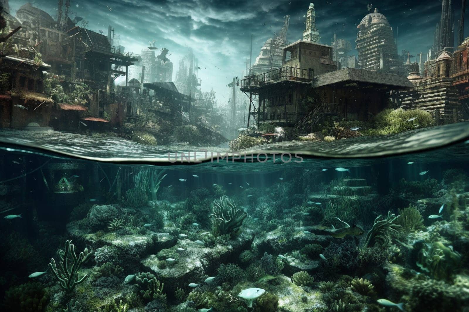Explore a surreal underwater cityscape nestled amongst the ocean's deep. The photorealistic rendering captures every detail of this fantastical landscape, while the high contrast adds to the otherworldly quality of the scene. (generative AI)