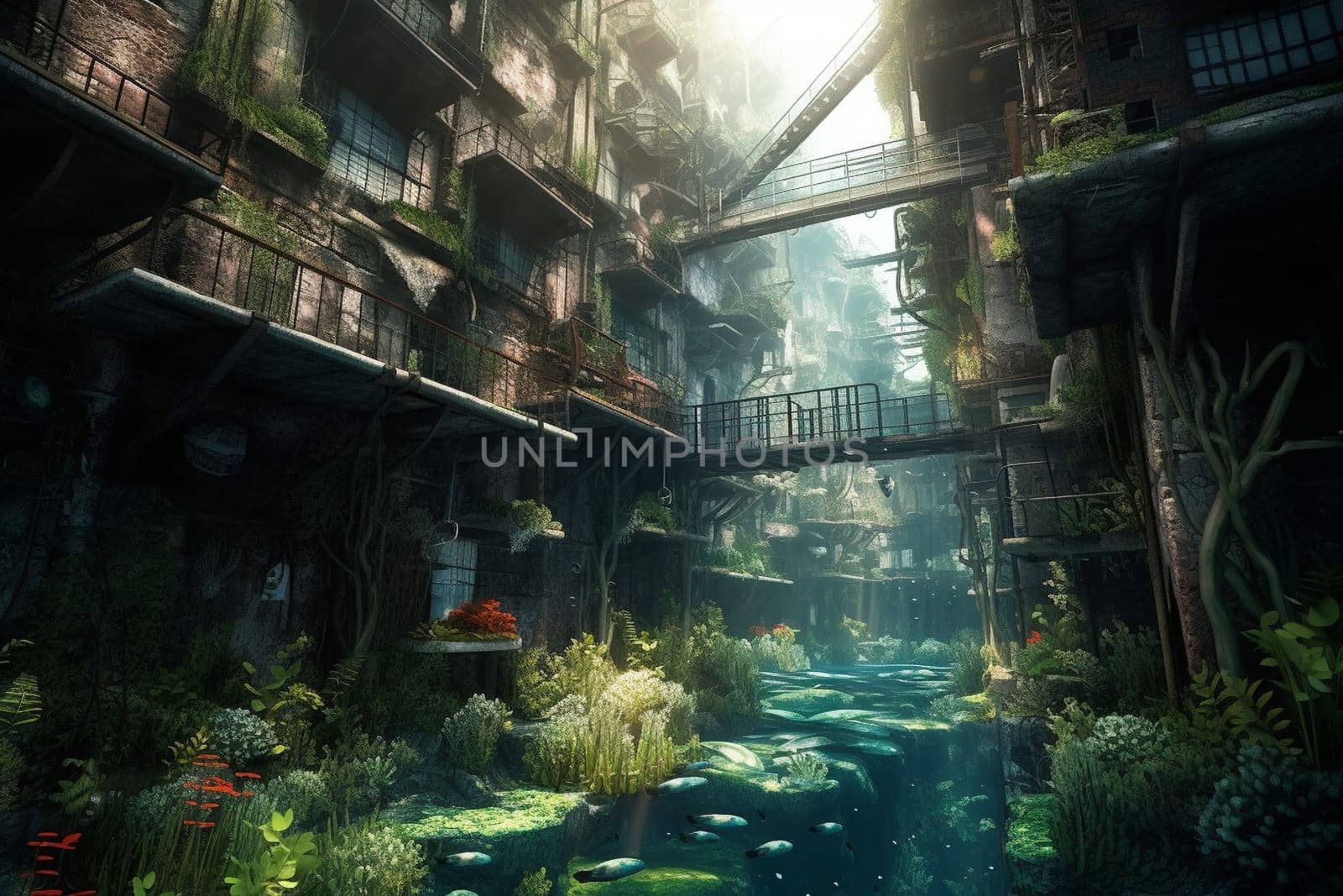 Explore a surreal underwater cityscape nestled amongst the ocean's deep. The photorealistic rendering captures every detail of this fantastical landscape, while the high contrast adds to the otherworldly quality of the scene. (generative AI)
