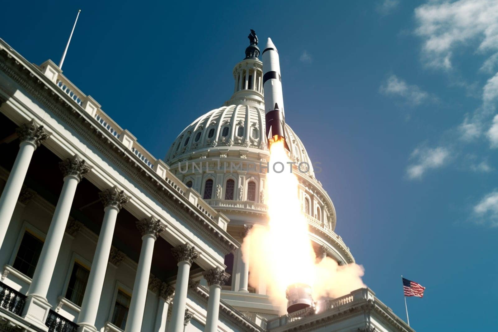 On a distant planet, important government officials embark on a diplomatic mission to establish relationships and trade agreements with the local alien race. The space shuttle launches into the vast, breathtaking expanse of space, carrying the hopes of a new alliance. (generative AI)