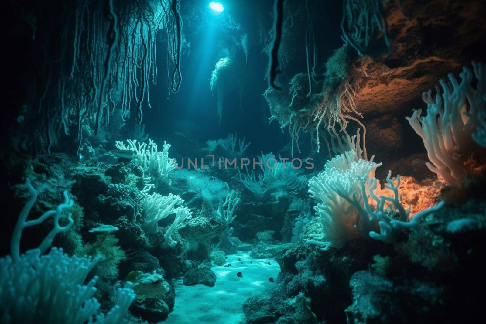 In the depths of the ocean, there is another world that few ever see. This surreal underwater landscape is filled with bioluminescent creatures that glow in the dark waters. Colorful coral formations add to the beauty and otherworldliness of the scene. With sharp focus and high resolution, this scene is a true work of art. (generative AI)
