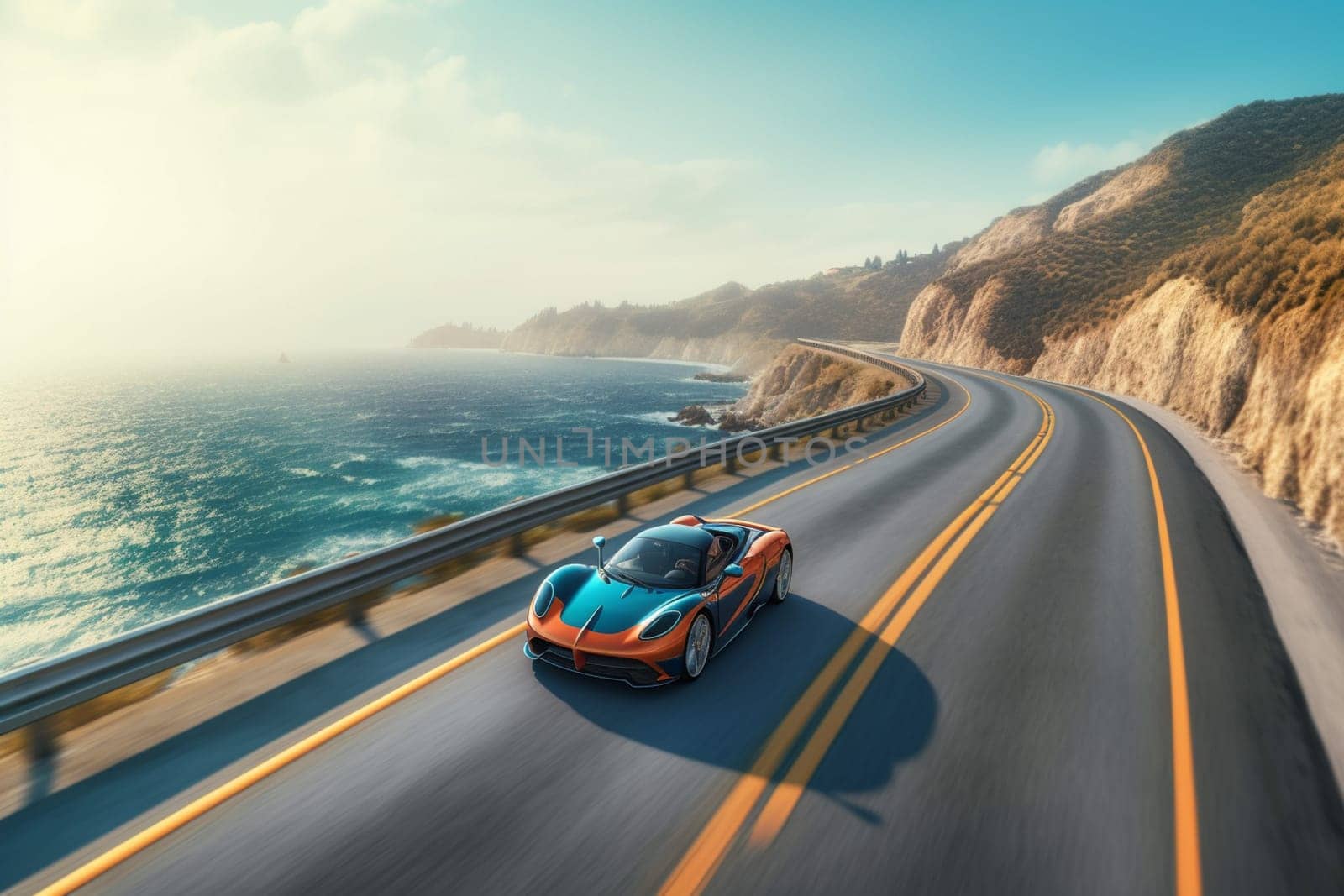 A cutting-edge electric car glides silently along a picturesque coastal highway, its advanced technology and sleek design turning heads as it passes. The car's electric motor produces zero emissions, making it a beacon of sustainable transportation. (generative AI)