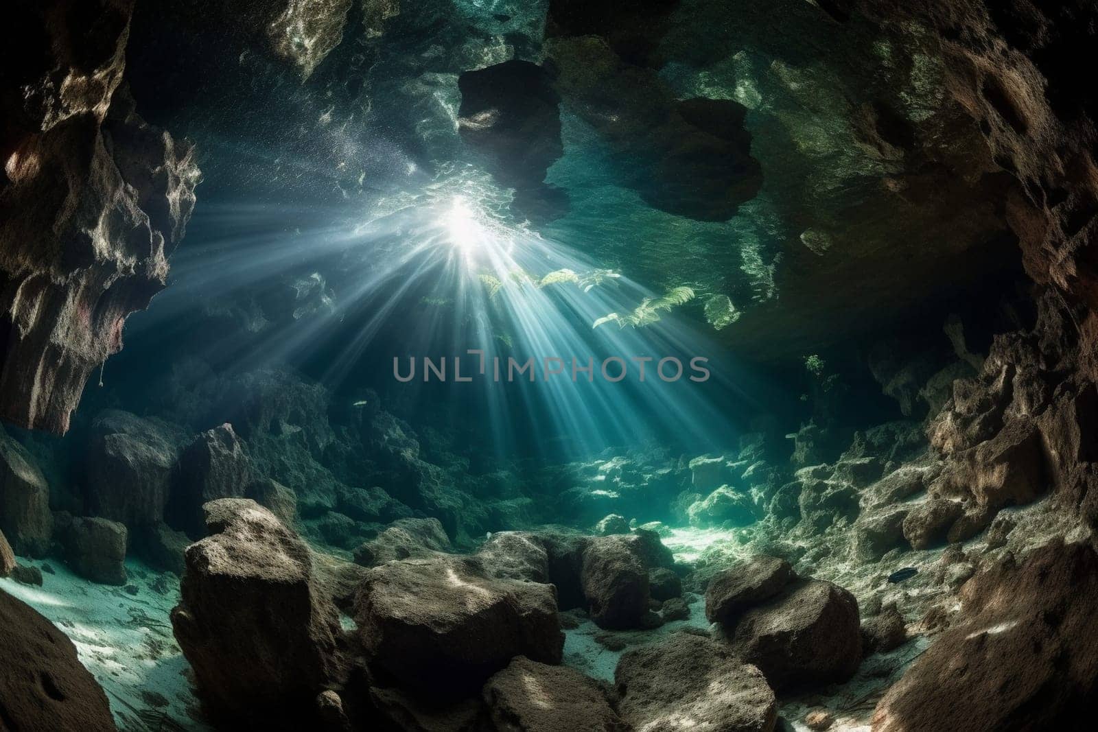 Discover a hidden underwater cave, with natural light shining through the ceiling, illuminating the beautiful scenery. The sharp focus and panoramic perspective of this underwater landscape make it a must-have for landscape photography enthusiasts. (generative AI)