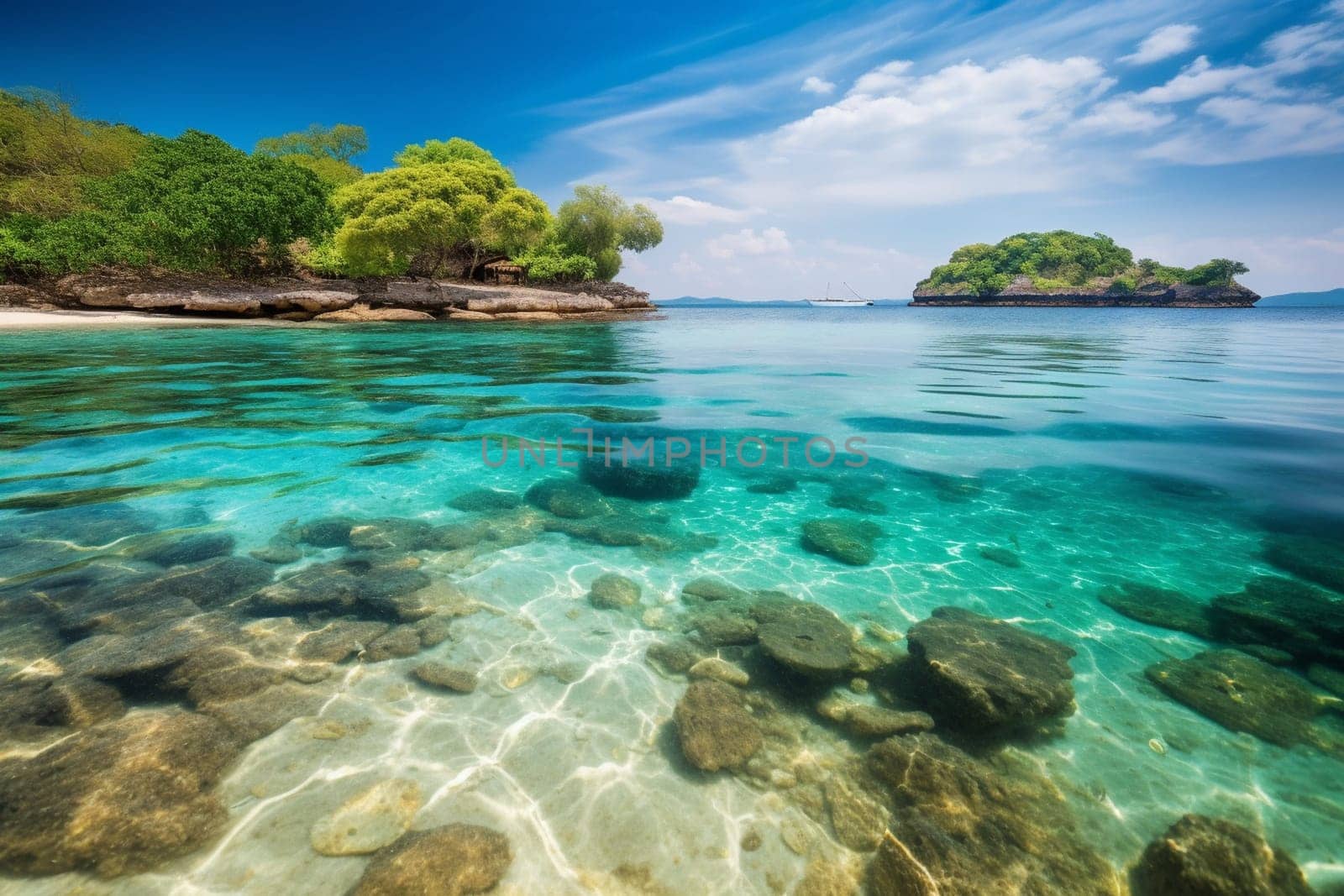A photographer captures the romance and adventure of a stunning natural archipelago. Crystal-clear waters stretch out to secluded beaches, while the sun-drenched landscape beckons the viewer to escape to paradise. The photographer captures the vivid colors and soft focus of this beautiful tropical landscape, creating a sense of wonder and tranquility. (generative AI)