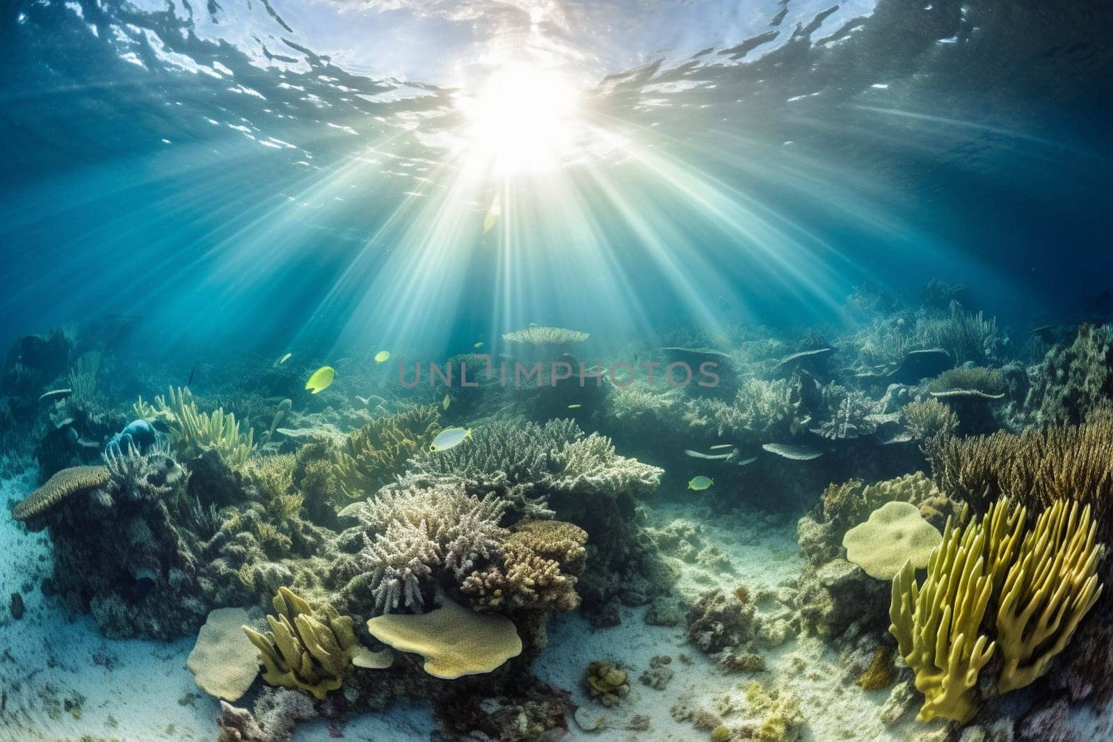 Capture the beauty of the underwater world as rays of sunlight shine through a vibrant coral reef below. The sharp focus and panoramic perspective make this stunning landscape a must-have for landscape photography enthusiasts. (generative AI)