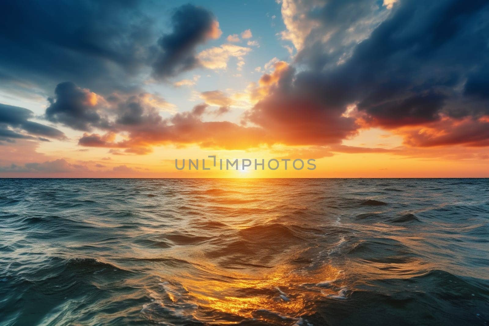 This beautiful scene captures a stunning sunset over the sea, with dramatic clouds and a colorful sky. The vivid colors and photorealistic detail make it truly breathtaking, while the panoramic view offers a sense of scale and majesty. (generative AI)