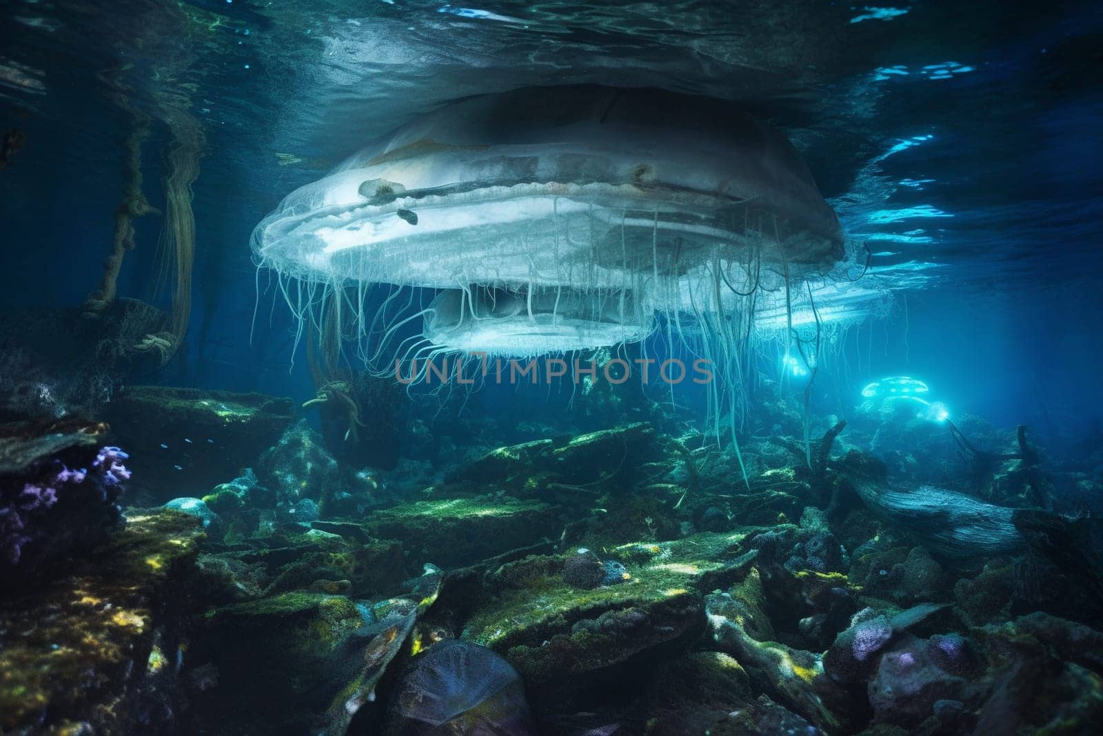 On a quiet evening, the ocean's surface acts as a mirror for a surreal and mysterious twilight seascape. Bioluminescent jellyfish drift through the water, casting an eerie glow on the ancient shipwreck that rests on the ocean floor. It is a place of wonder and beauty, yet also a place where nature's power over man is evident. (generative AI)