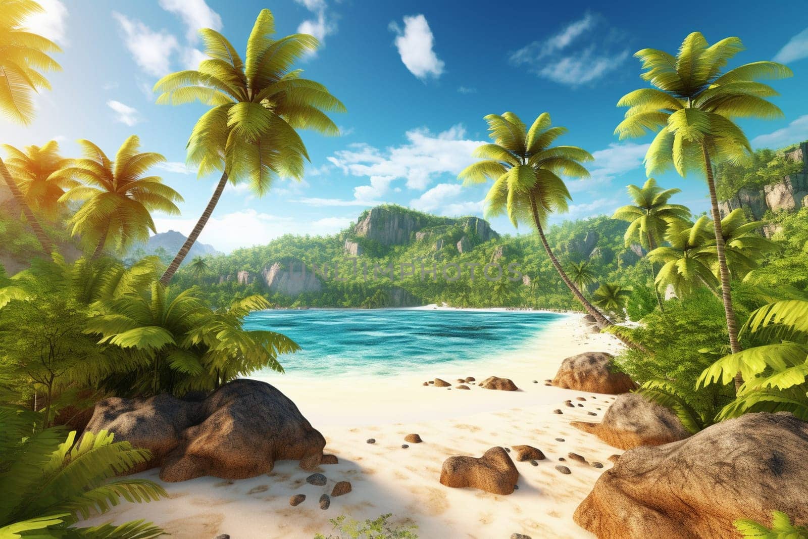 The crystal-clear blue waters and pristine white sand beaches of this tropical paradise are like nothing ever seen before. The vibrant colors of the landscape create a bright and dynamic scene, highlighted by the clear and sharp focus of the wide-angle composition. (generative AI)