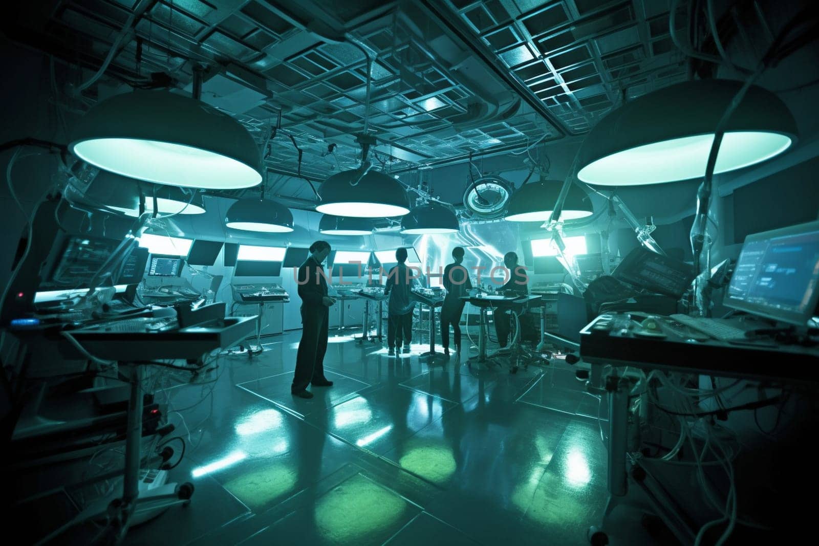 The cutting-edge world of science is on display in this high-tech laboratory scene. A team of scientists work tirelessly amidst advanced technology and sophisticated equipment, illuminated by the bright colors and dramatic lighting. (generative AI)