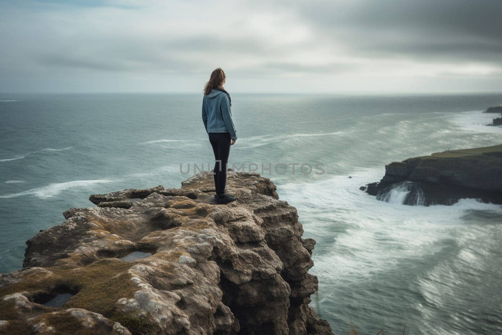 A woman stands at the edge of a cliff, looking out over a vast expanse of water that stretches as far as the eye can see. The restless waves and shifting clouds create a contemplative atmosphere that is both peaceful and powerful. This scene can evoke feelings of freedom, restlessness, and a sense of being alive. (generative AI)
