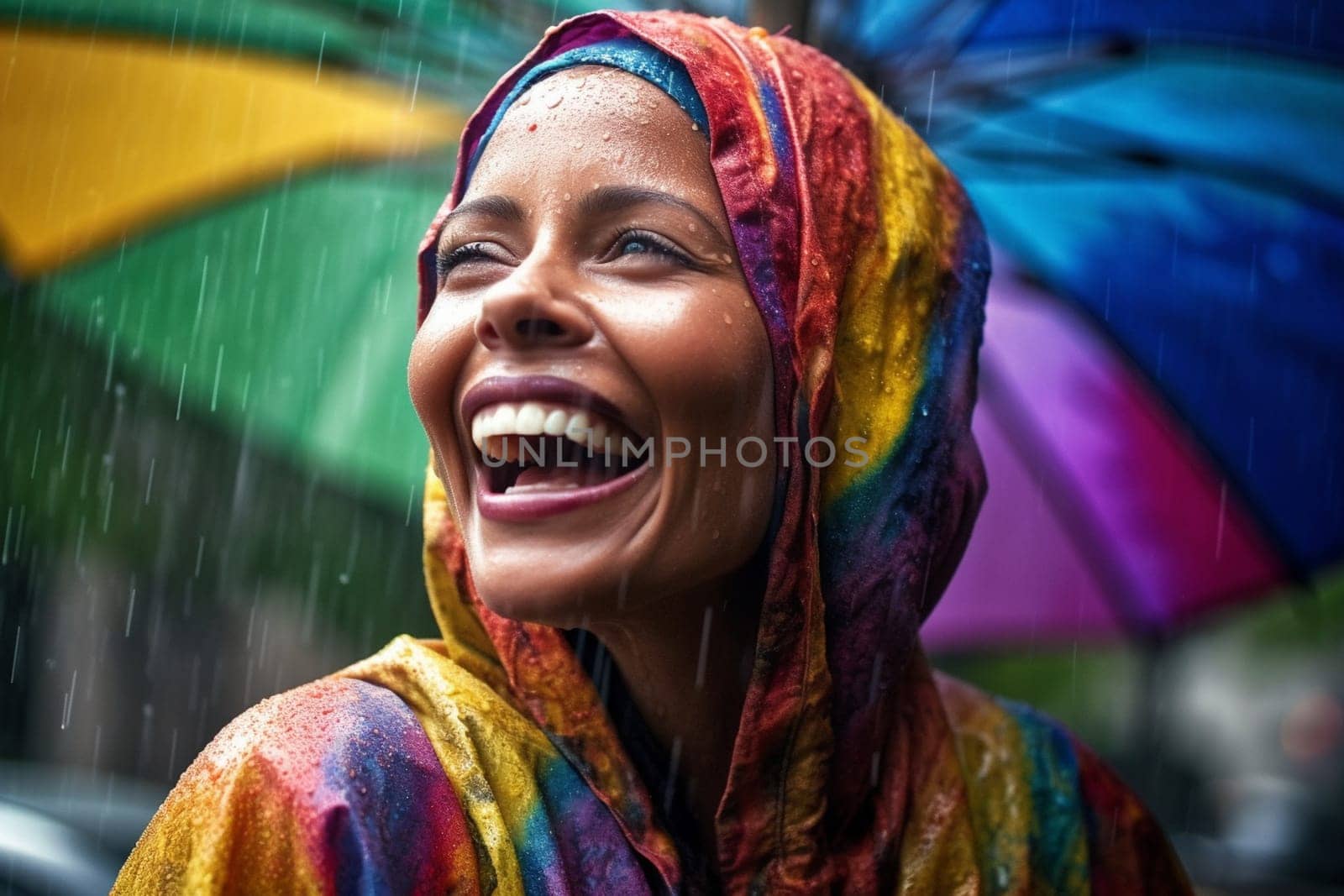 A woman stands in the middle of a downpour, screaming with joy as raindrops fall around her. The vibrant colors of her clothing and the natural surroundings create an energetic and dynamic scene. This scene can evoke feelings of pure joy, exhilaration, and freedom. (generative AI)
