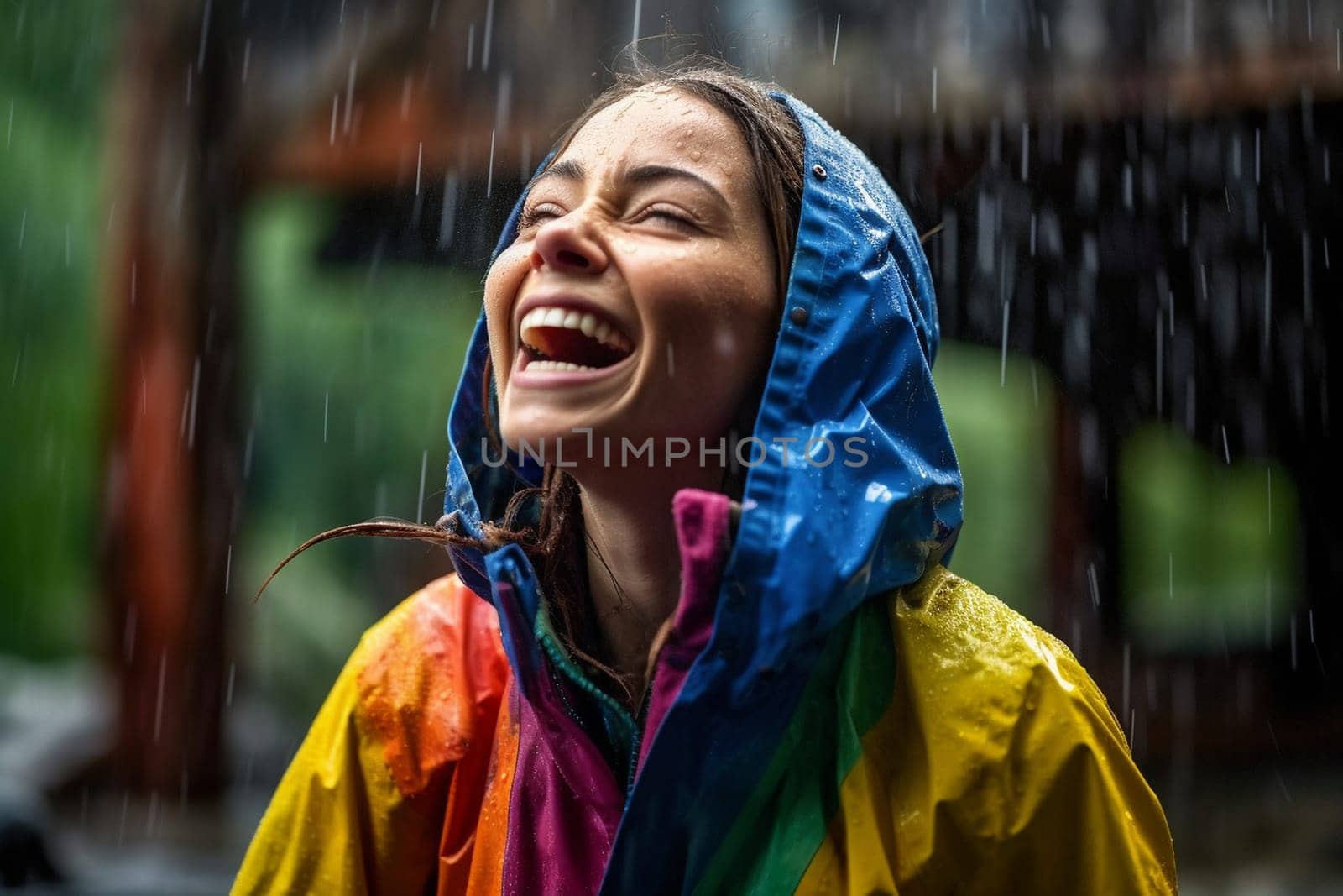 A woman stands in the middle of a downpour, screaming with joy as raindrops fall around her. The vibrant colors of her clothing and the natural surroundings create an energetic and dynamic scene. This scene can evoke feelings of pure joy, exhilaration, and freedom. (generative AI)