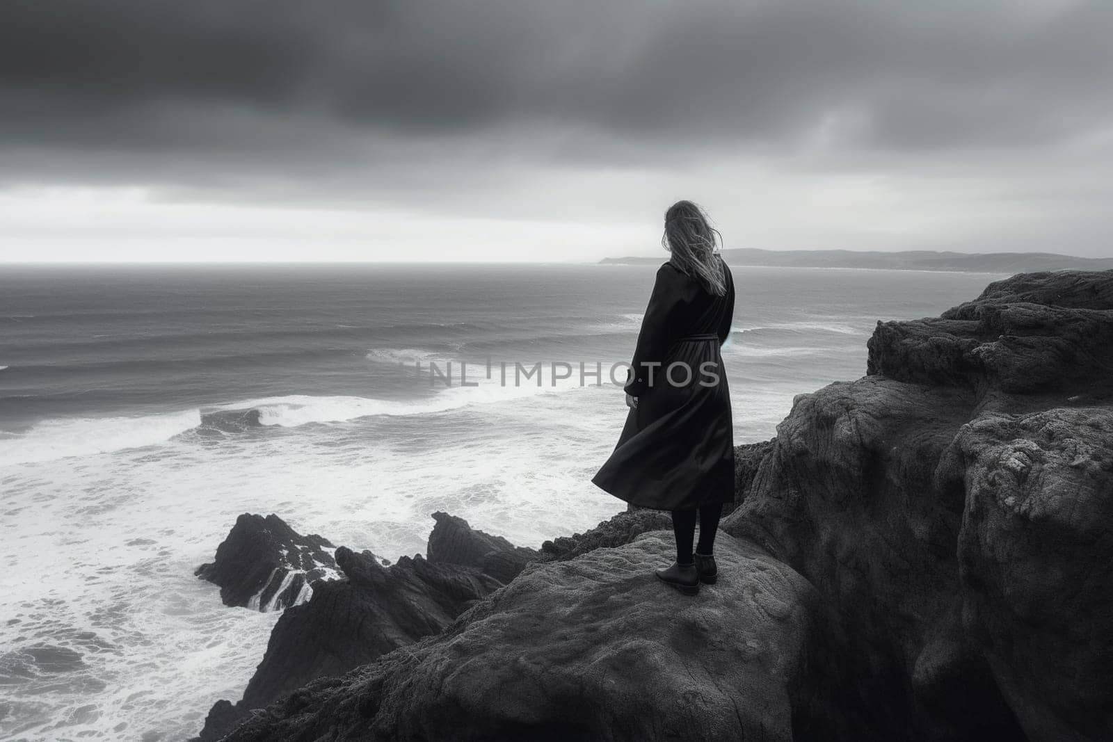 A woman stands on a rocky cliff, looking out at the vast sea before her. The scene is stoic and monochromatic, with a powerful sense of majesty and drama. This scene can evoke feelings of contemplation, serenity, and awe. (generative AI)