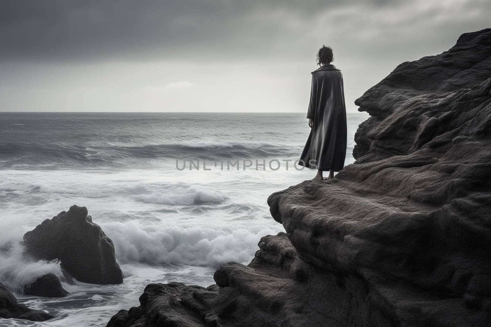A woman stands on a rocky cliff, looking out at the vast sea before her. The scene is stoic and monochromatic, with a powerful sense of majesty and drama. This scene can evoke feelings of contemplation, serenity, and awe. (generative AI)