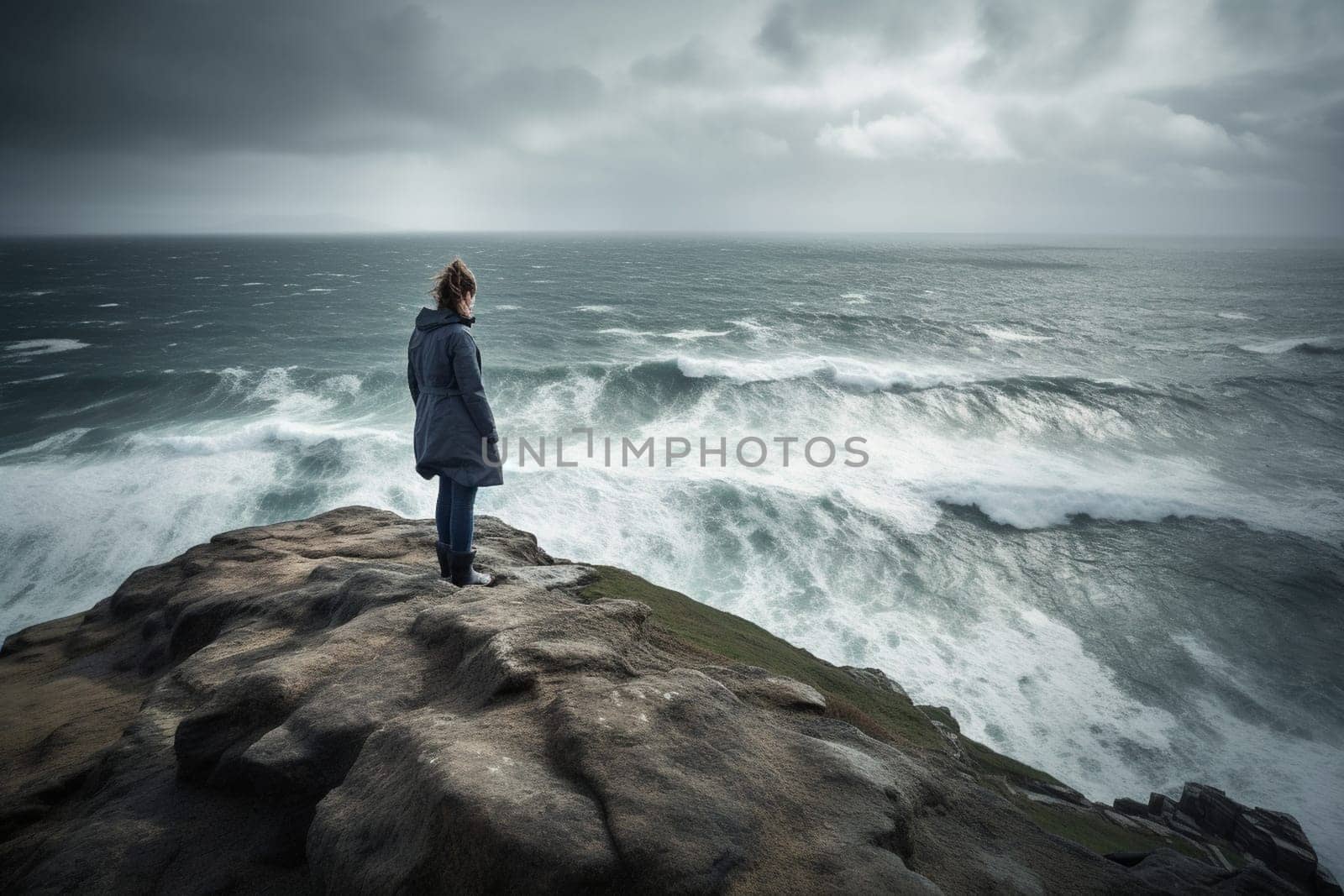 A woman stands on the edge of a cliff, looking out over a stormy sea that rages below. The scene is dramatic and turbulent, with the power of nature overwhelming the senses. The woman is in a state of introspection, lost in the vastness of the sea and the power of the storm. This scene can evoke feelings of drama, introspection, and awe at the power of nature. (generative AI)