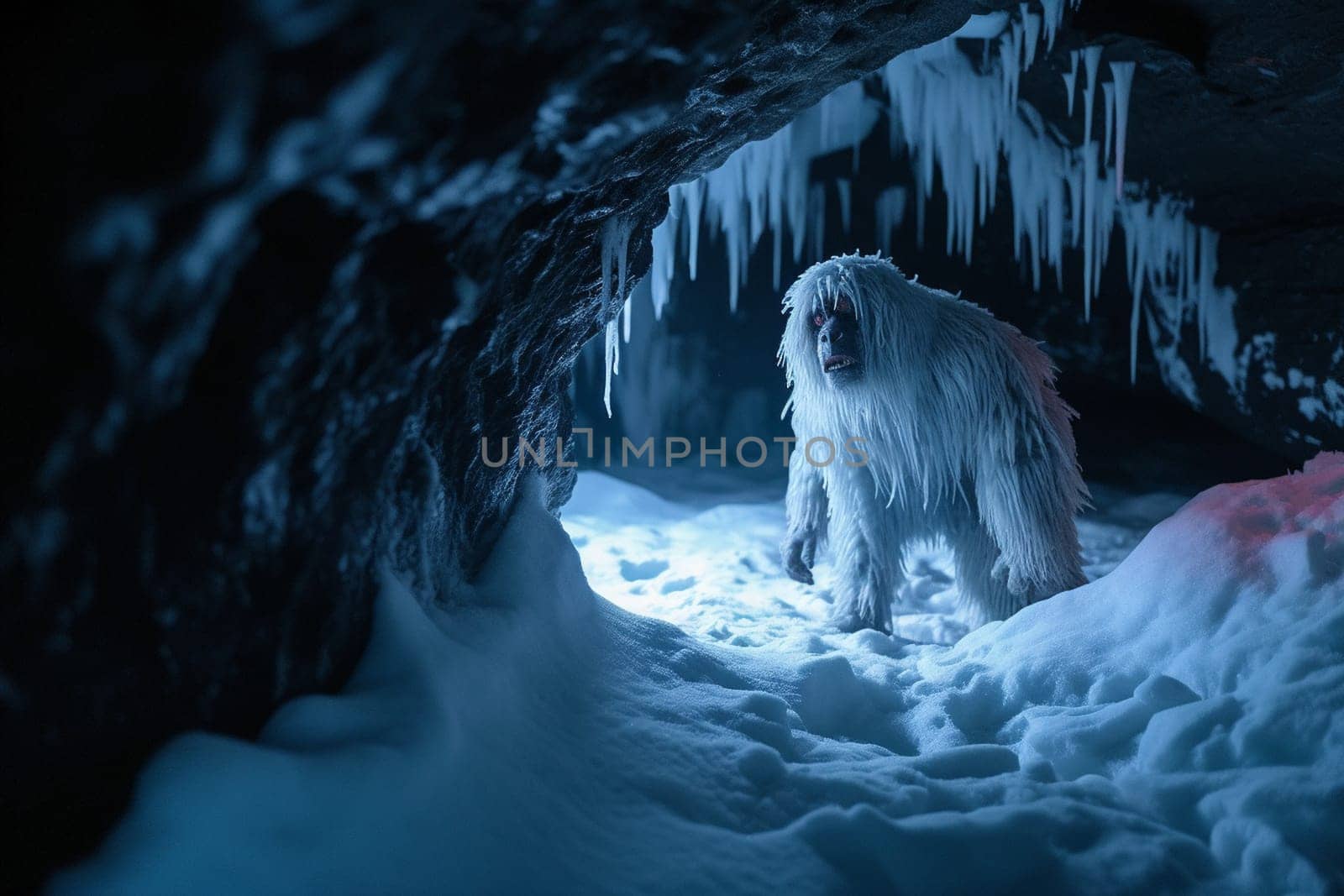 A legendary creature from Himalayan folklore, the yeti is a mysterious and elusive creature. In this dramatic scene, a yeti emerges from a snowy cave in a frozen tundra, creating a terrifying and awe-inspiring display of power and mystery. (generative AI)