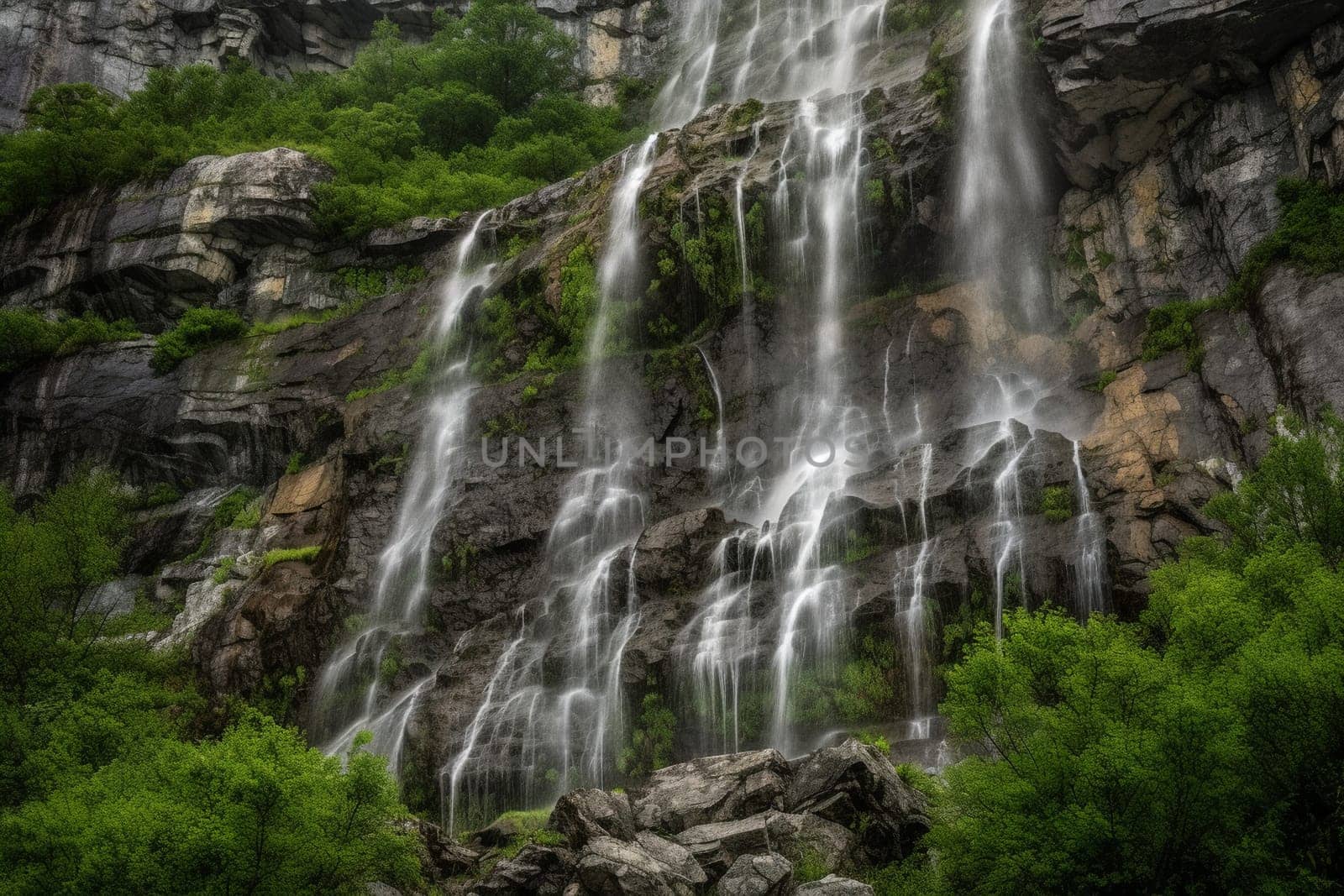 A waterfall tumbles down a rocky mountain face, creating a thunderous roar that fills the air. The mist from the water shrouds the scene in a serene and refreshing atmosphere. The deep greens of the surrounding foliage and the blues of the water create a calming and natural scene. This scene evokes feelings of power, awe, rejuvenation, and connection with nature. (generative AI)