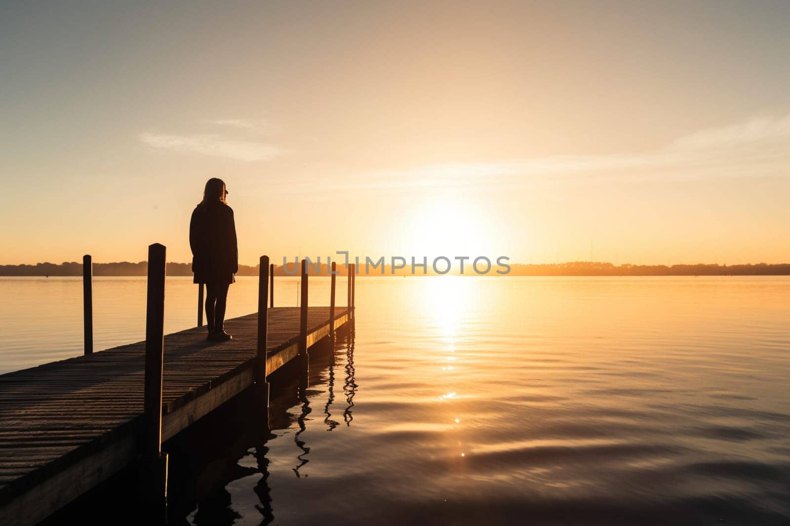 A woman stands alone on a pier at sunrise, watching the water shimmer and dance in the golden light. The peacefulness of the scene creates a contemplative atmosphere, allowing the viewer to reflect on their thoughts and feelings. The minimalist surroundings and subtle colors add to the dreamy, reflective mood of the scene. This photo can evoke feelings of introspection, peace, and clarity. (generative AI)