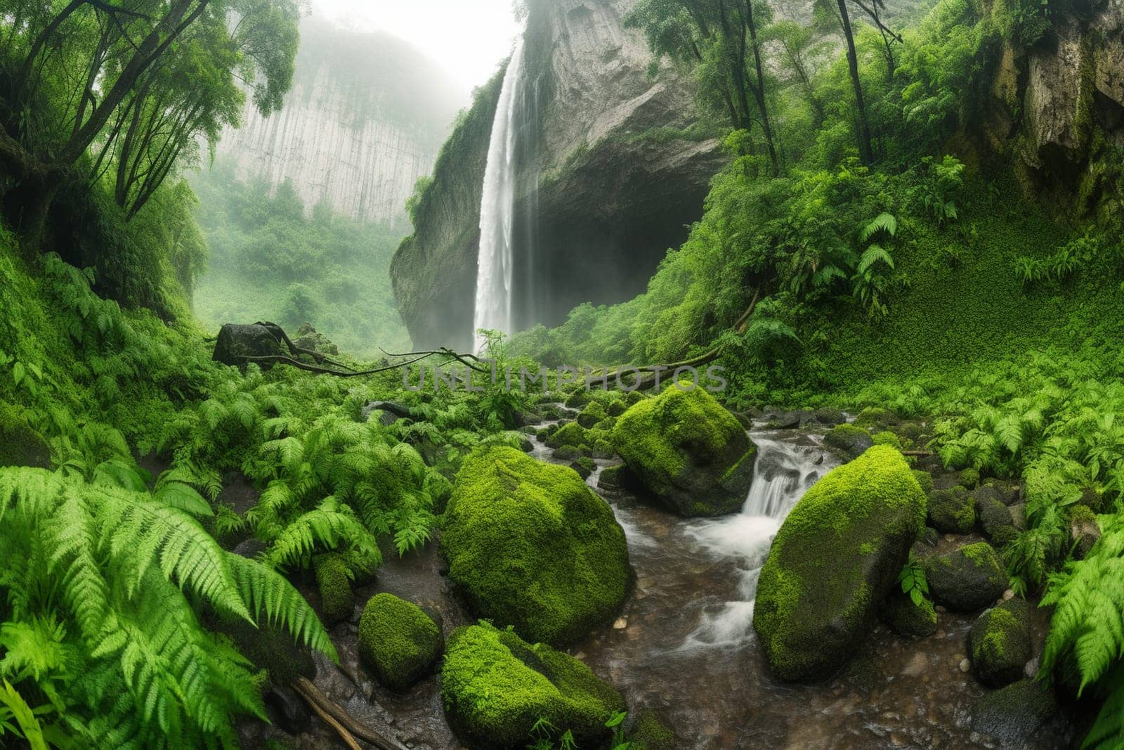 Experience the awe-inspiring beauty of a massive waterfall surrounded by dense green forests. The sharp focus, panoramic perspective, and photorealistic nature of the shot make it a must-have for landscape photography enthusiasts. (generative AI)
