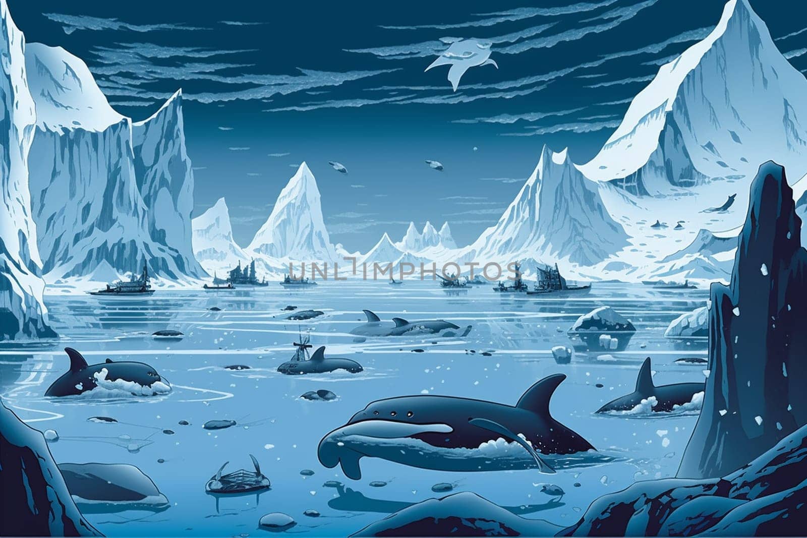 This surreal and ethereal seascape transports the viewer to an otherworldly world of ice and wonder. Towering icebergs reflect the equally mesmerizing blue tones of the icy water, while majestic whales swim gracefully through the frigid waters. (generative AI)