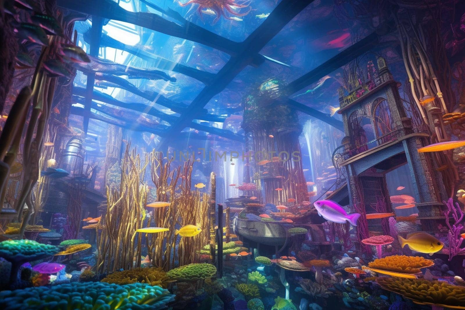 The underwater cityscape is a stunning achievement in modern architecture, featuring sleek skyscrapers, neon lighting, and sprawling transportation systems. Schools of vibrant marine life gracefully float by, adding a beautiful accent to the natural beauty of the ocean floor. (generative AI)