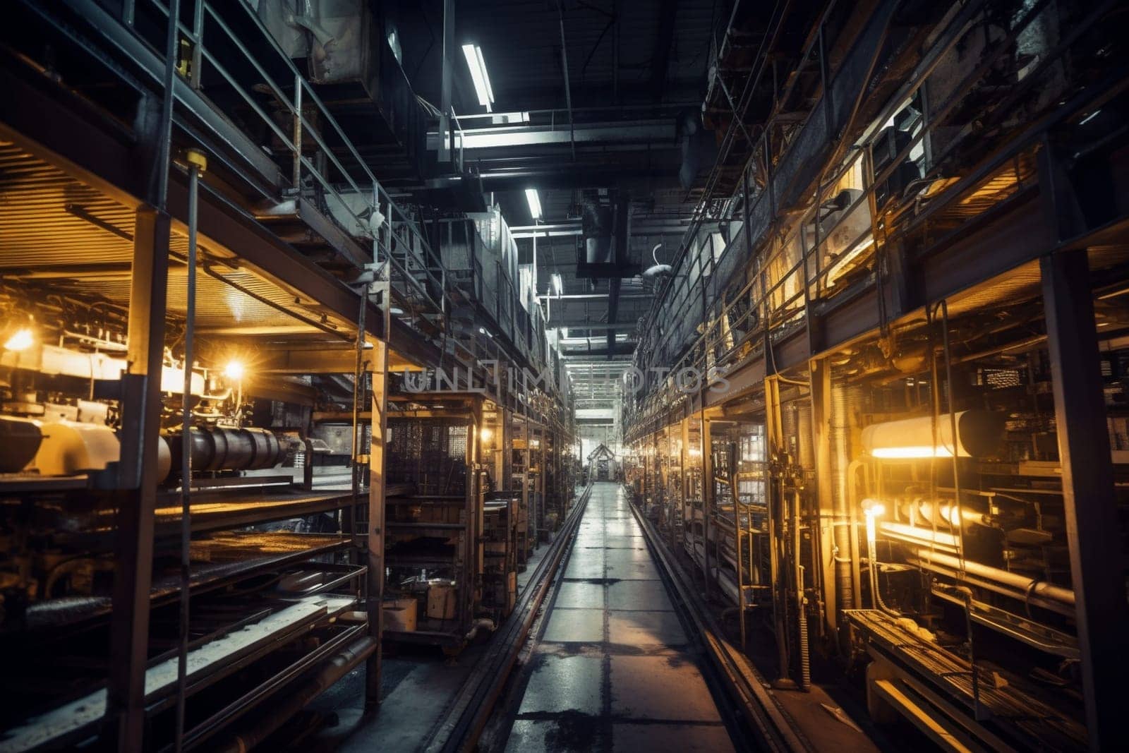 Behind the scenes of the modern economy lies a vast network of warehouses, factories, and distribution centers where goods are processed, packaged, and shipped around the world. This industrial warehouse is home to an intricate network of conveyor belts, robotic arms, and other high-tech machinery that keeps the flow of goods moving around the clock. (generative AI)