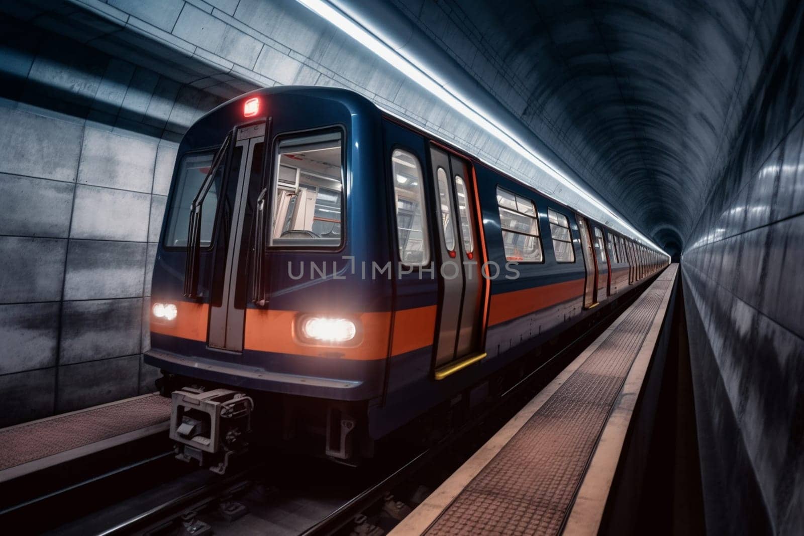 An underground subway train races through a dark tunnel, its sleek design blending seamlessly with the bustling city above. The passengers aboard the train are a diverse mix of people, all united in their desire to get to their destination quickly and safely. (generative AI)