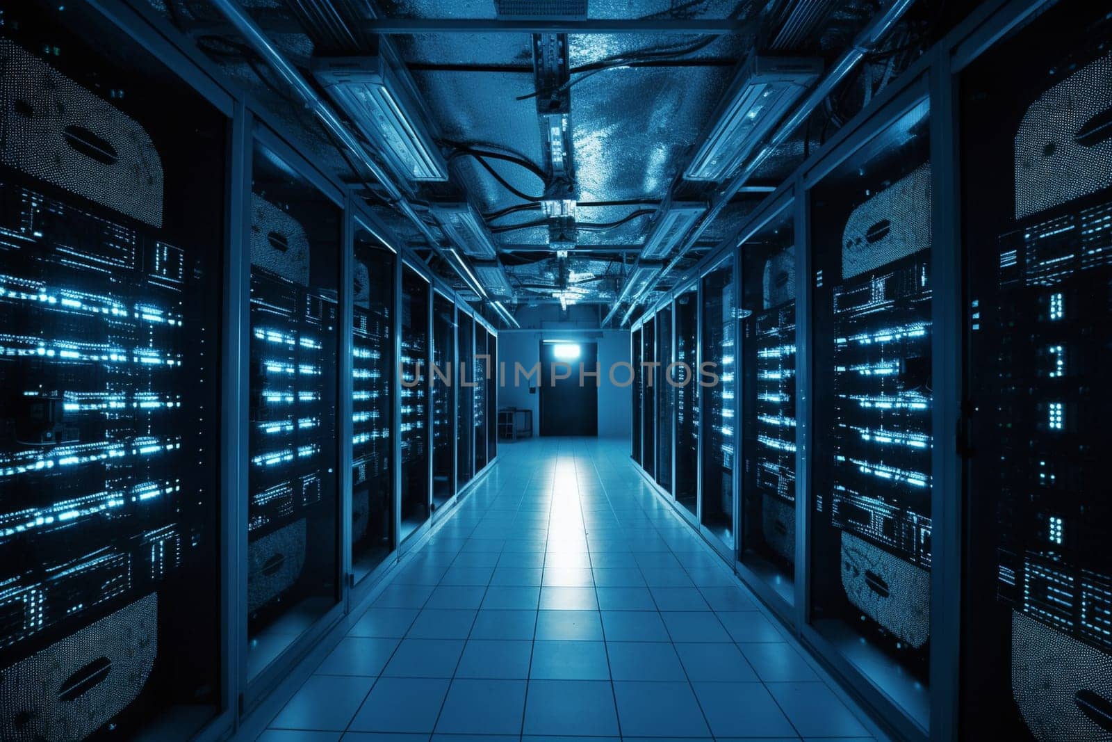 The data center is the central hub for a vast network of digital information. Rows of servers hum quietly in the underground facility, their steady rhythm signaling the digital heartbeat of the company. (generative AI)