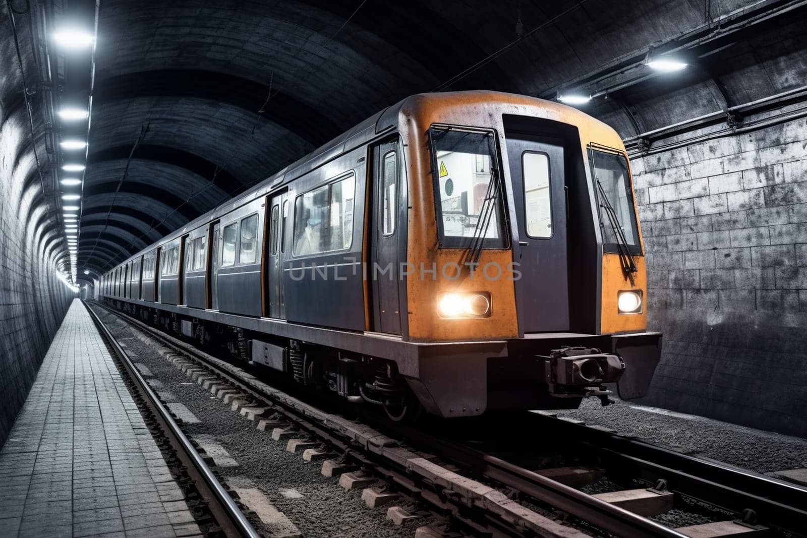 An underground subway train races through a dark tunnel, its sleek design blending seamlessly with the bustling city above. The passengers aboard the train are a diverse mix of people, all united in their desire to get to their destination quickly and safely. (generative AI)