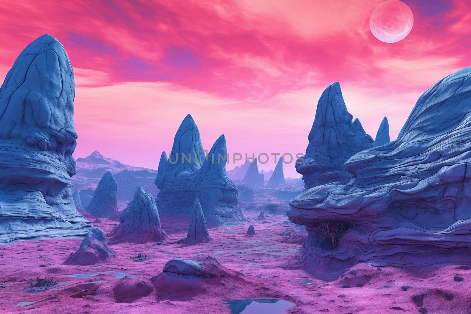 This incredible landscape is from an extraterrestrial world where brilliantly blue rock formations tower above, contrasting against a vibrant purple bluish sky. The very essence of alien beauty captured in stunning high quality photography. (generative AI)