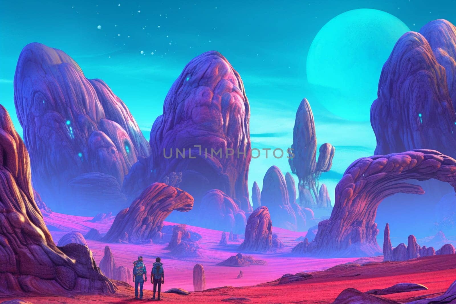 This incredible landscape is from an extraterrestrial world where brilliantly blue rock formations tower above, contrasting against a vibrant purple bluish sky. The very essence of alien beauty captured in stunning high quality photography. (generative AI)