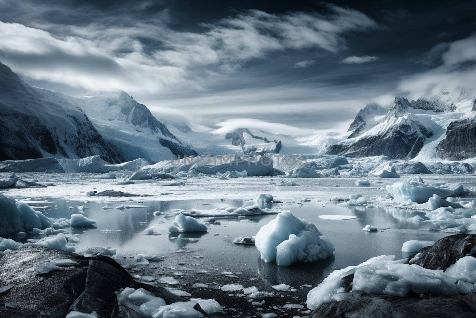 A photographer journeys to the end of the earth to capture the stark beauty of an ice fjord. The landscape is both majestic and foreboding, with towering glaciers that seem to stretch endlessly into the distance, and frigid waters that crash against the ice. The photographer captures a sense of awe and wonder in this stark, otherworldly landscape. (generative AI)