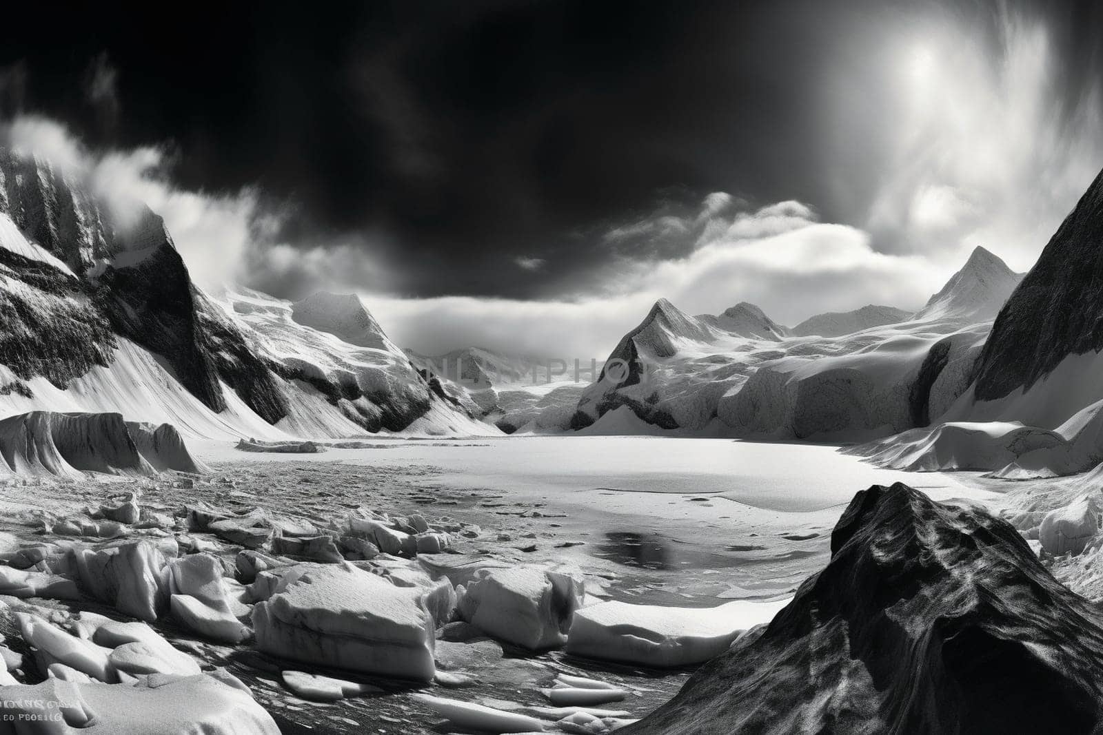 A photographer journeys to the end of the earth to capture the stark beauty of an ice fjord. The landscape is both majestic and foreboding, with towering glaciers that seem to stretch endlessly into the distance, and frigid waters that crash against the ice. The photographer captures a sense of awe and wonder in this stark, otherworldly landscape. (generative AI)