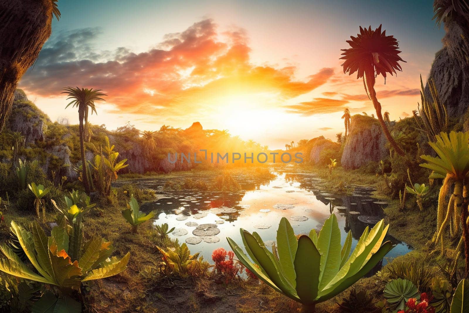 Imagine a science fiction world with a double sun setting over a beautiful lake filled with exotic aquatic plants. The vivid colors and sharp focus of this alien landscape make it a must-have for landscape photography enthusiasts. (generative AI)