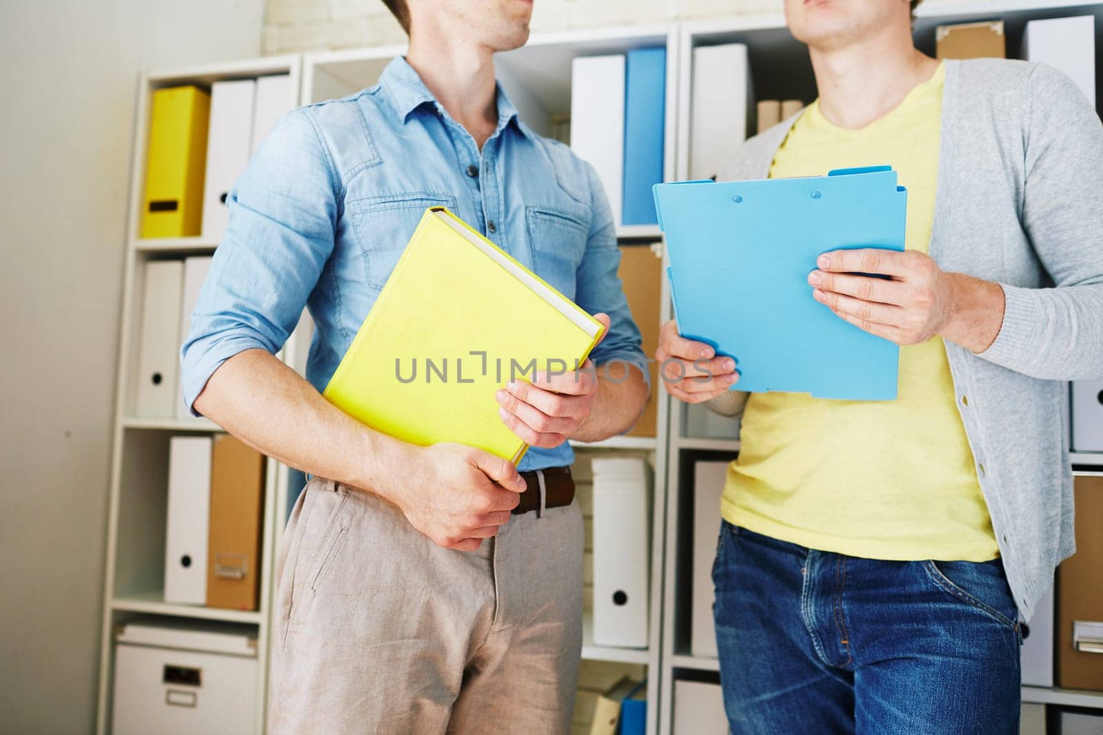 Male employees with documents communicating in office