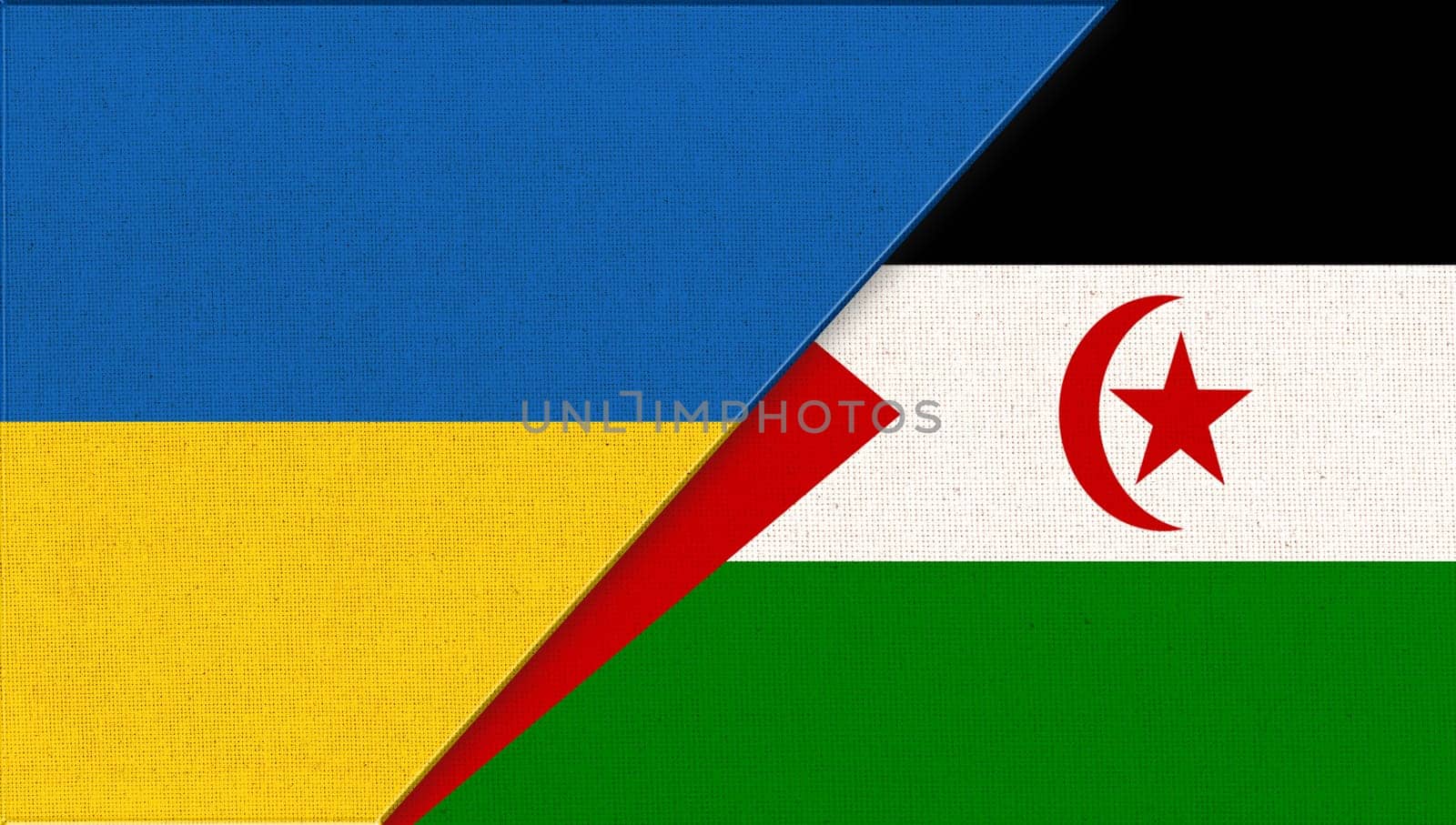 Flags of Ukraine and Western Sahara. National symbols of Ukraine and Western Sahara. Sahrawi Arab Democratic Republic. Ukrainian and Western Sahara flags. diplomatic relations between two countries