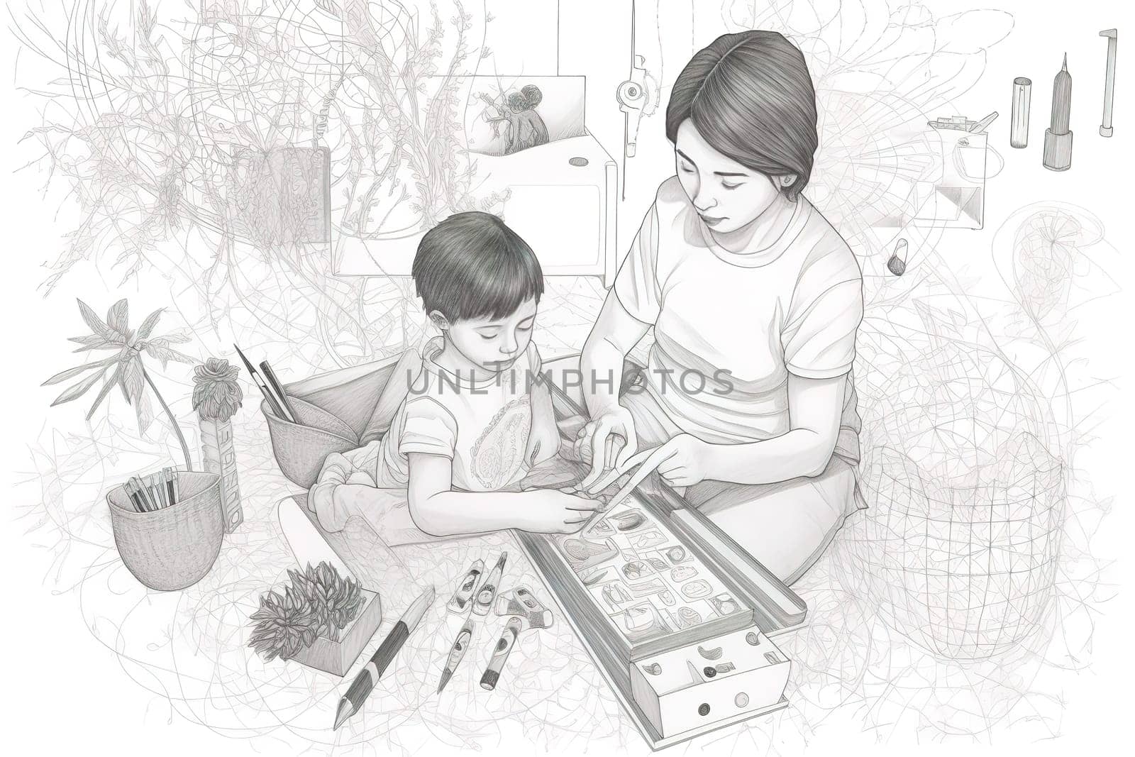 Mother and Child Bond. happy mothers day celebration .illustration. line drawing