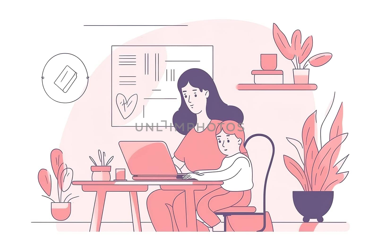 Mother and Child Bond. happy mothers day celebration .illustration. line drawing