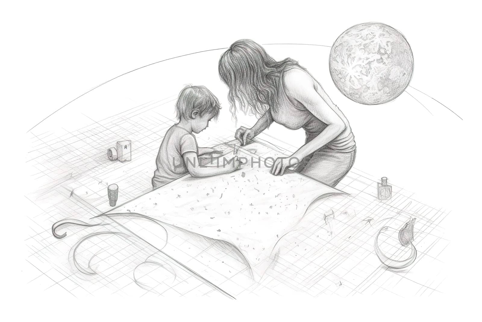 Mother and Child Bond. happy mothers day celebration .illustration. line drawing