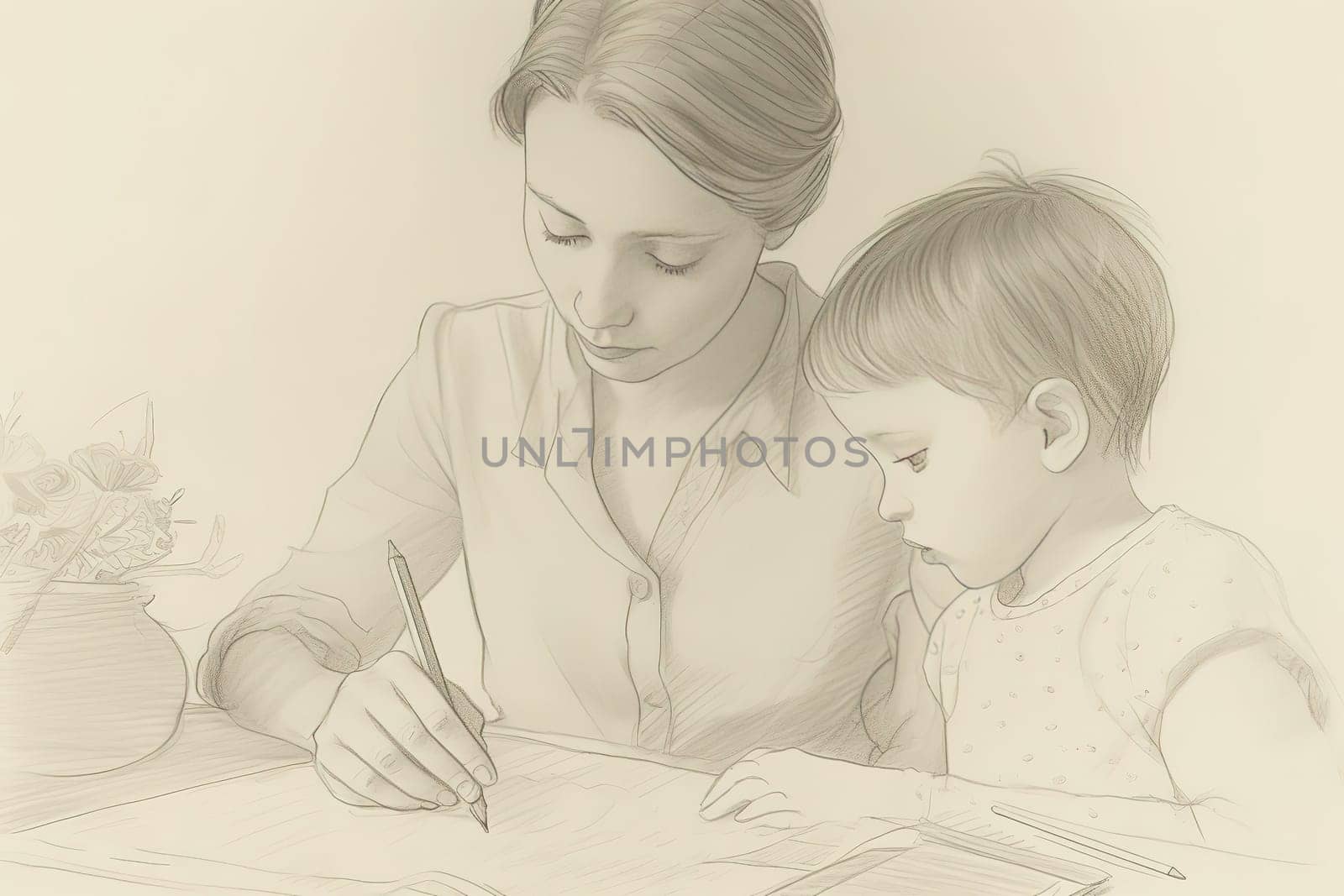 Mother and Child Bond. happy mothers day celebration .illustration. line drawing