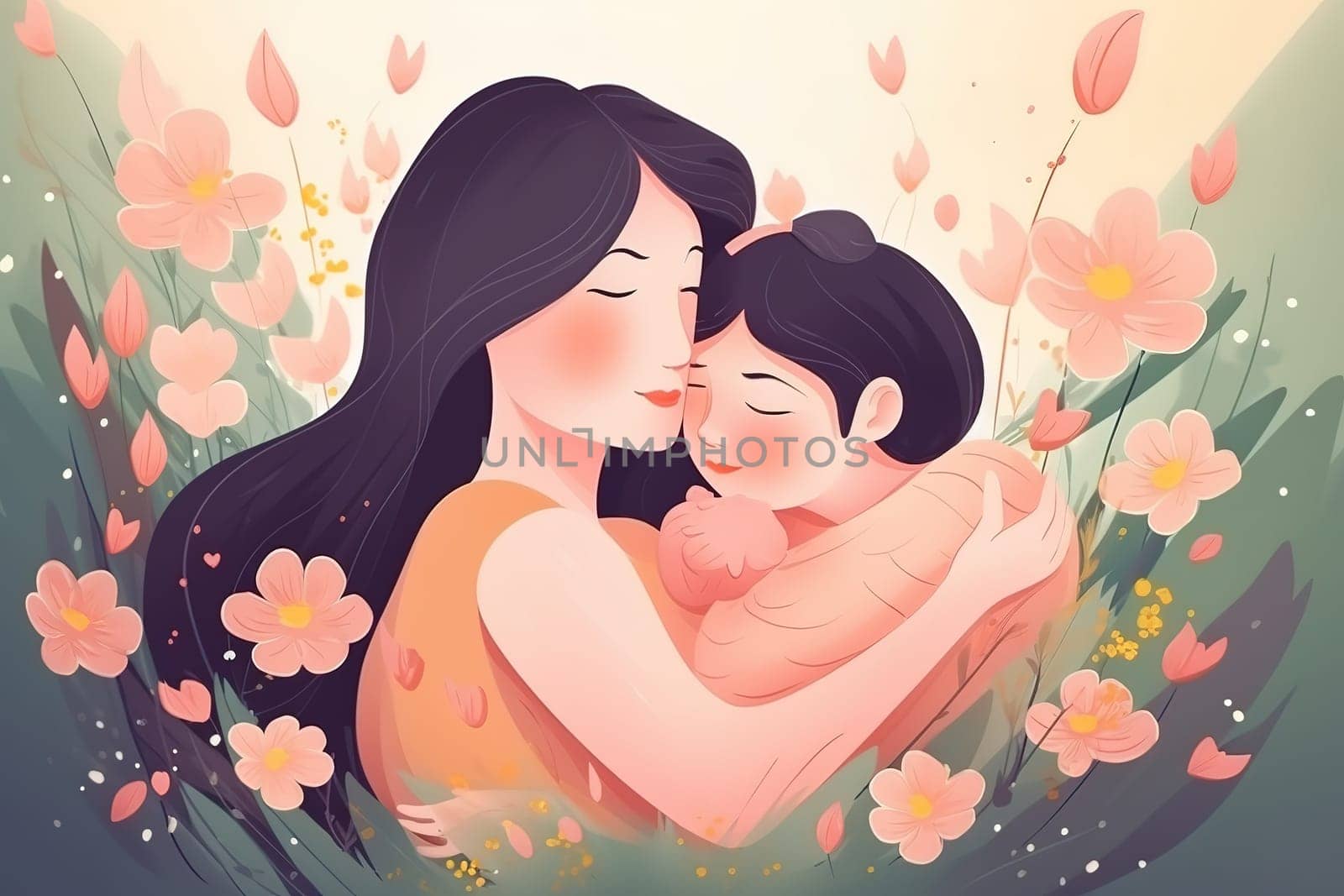 Mother and Child Bond. happy mothers day celebration .illustration. line drawing