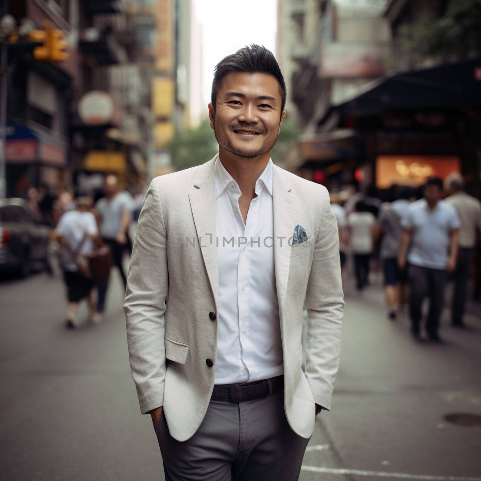 Asian man wearing a light grey blazer is photographed in an urban setting, generative AI - AI generated