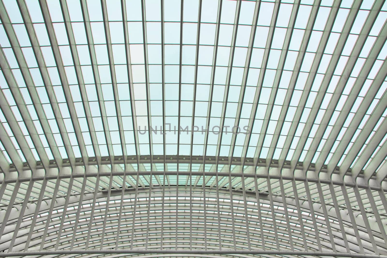 Liege, Belgium, June 2021: Futuristic architecture of the Guillemins train station roof in Liege. Design by architect Santiago Calatrava