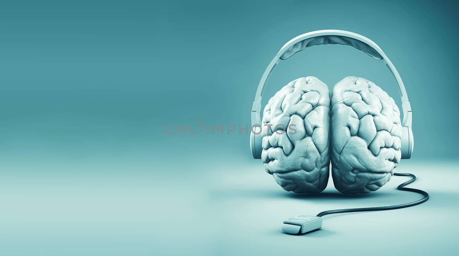 Human brain with headphone and USB port , connected to the internet, education and social media concept, intelligent mind, generative AI